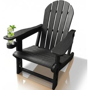 Adirondack Chair with Cup Holder,Tool-Free Assembly,No Screws Needed,All-Weather HDPE Plastic Outdoor Patio Chair,Wood-Grain Slatted Look,Easy to Take Apart for Storage,Fire Pit Chairs(Classic Black)