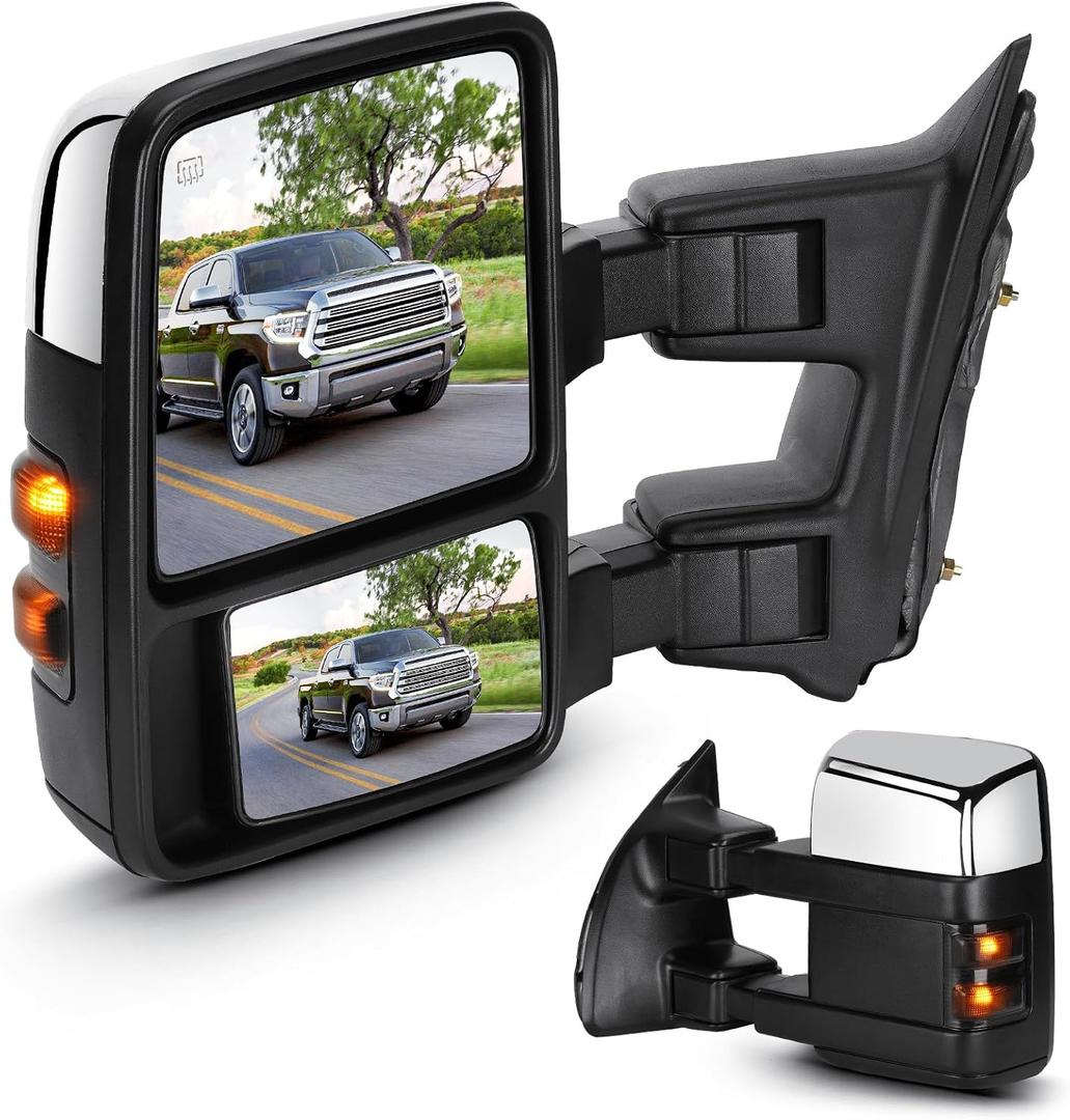 Towing Mirrors Chrome for Ford F-250 F-350 Super Duty 1999-2007 Power Heated with Smoke Turn signal Manual Folding Telescoping (1 Pair)