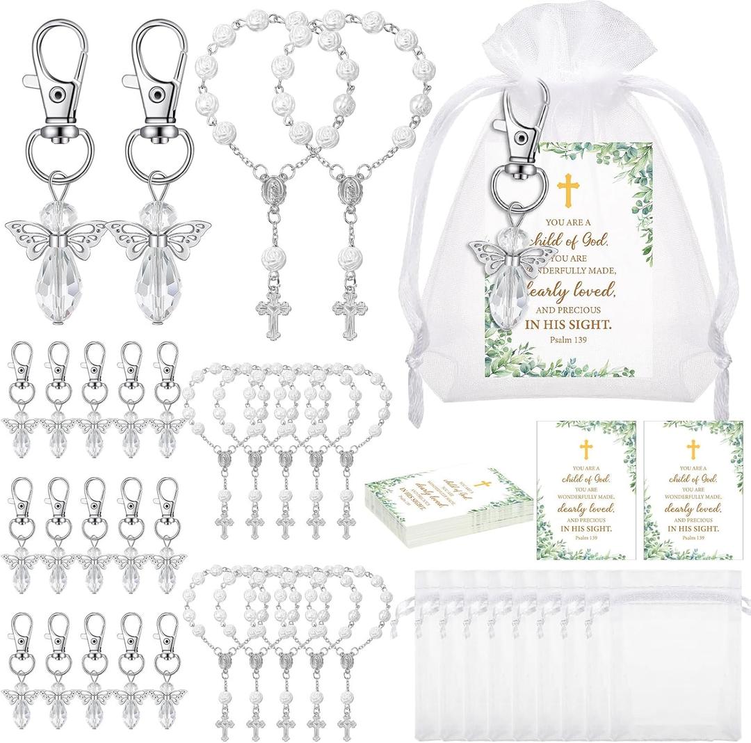 Hicarer 30 Set Baptism Favors Set Includes Angel Keychains Mini Rosary Cross Beads Favors Baptism Organza Bags with Cross Psalm Cards for Baby Shower Christian Party Supplies(White)