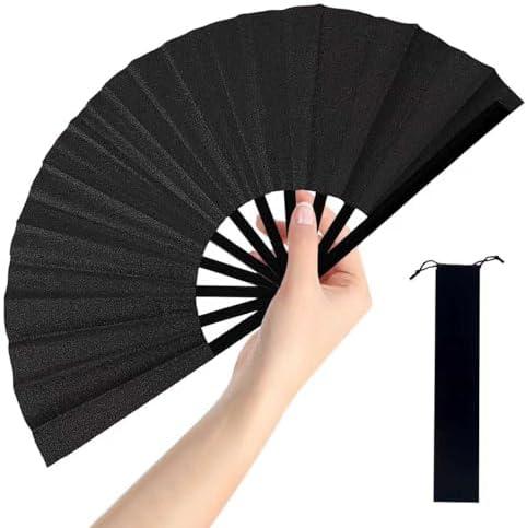 RE:BLEU Large Folding Hand Fan, Nylon-Cloth Vintage Retro Fabric Fans, Glitter Bamboo Ribs Chinese Kung Fu Tai Chi Hand Fan for Women, Festival, Dance, Gift, Performance, Decorations 13 inch