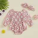 FOMOYUU Newborn Baby Girl Romper Fall Long Sleeve Square Neck Smocked Flower Print Clothes Outfit with Headband (Pink)