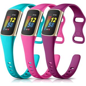 Maledan Sport Band Compatible with Fitbit Charge 5 Bands/Charge 6 Bands for Women Men, Waterproof Silicone Slim Thin Wristband Replacement for Fitbit Charge 5 Fitness Tracker, 3 Pack Fuchsia/Rose/Teal