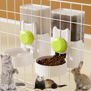 Rabbit Feeder for Cage,Hanging Automatic Cat Feeder and Water Dispenser,Ferret Cage Accessories,Food Water Bowl for Cats Rabbit Guinea Pig Cages(Cage Grid Spacing Over 1.2'') (White Green)