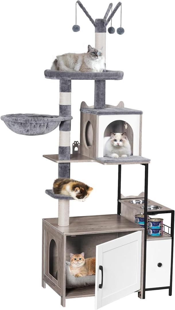 Snughome Cat Tree with Litter Box Enclosure, 3-in-1 Modern Cat Tower for Indoor Cats, 67.32 Hidden Cat Litter Box Furniture with Cat Condo, Food Station and Hammocks, All-in-one Cat Furniture (Light Gray)