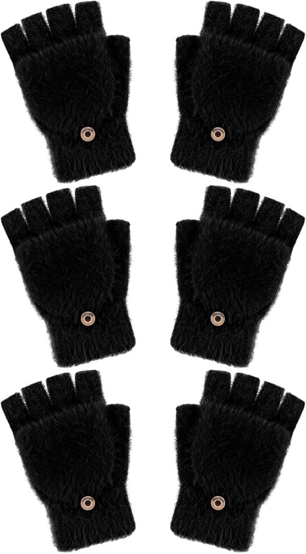 Geyoga 3 Pairs Kids Fingerless Gloves Winter Flip Gloves Warm Convertible Mitten for Girls Teenager Half Fingerless Mittens (10-15 Years, Black)
