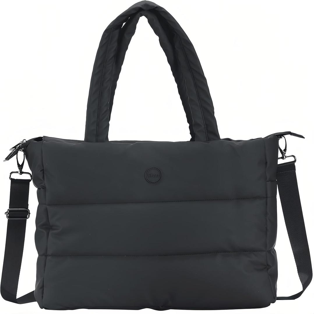 Large Puffer Tote Bag for Women,Lightweight Shoulder Bag with Compartment,Quilted Carryall Bag for Travel,Work (Black)