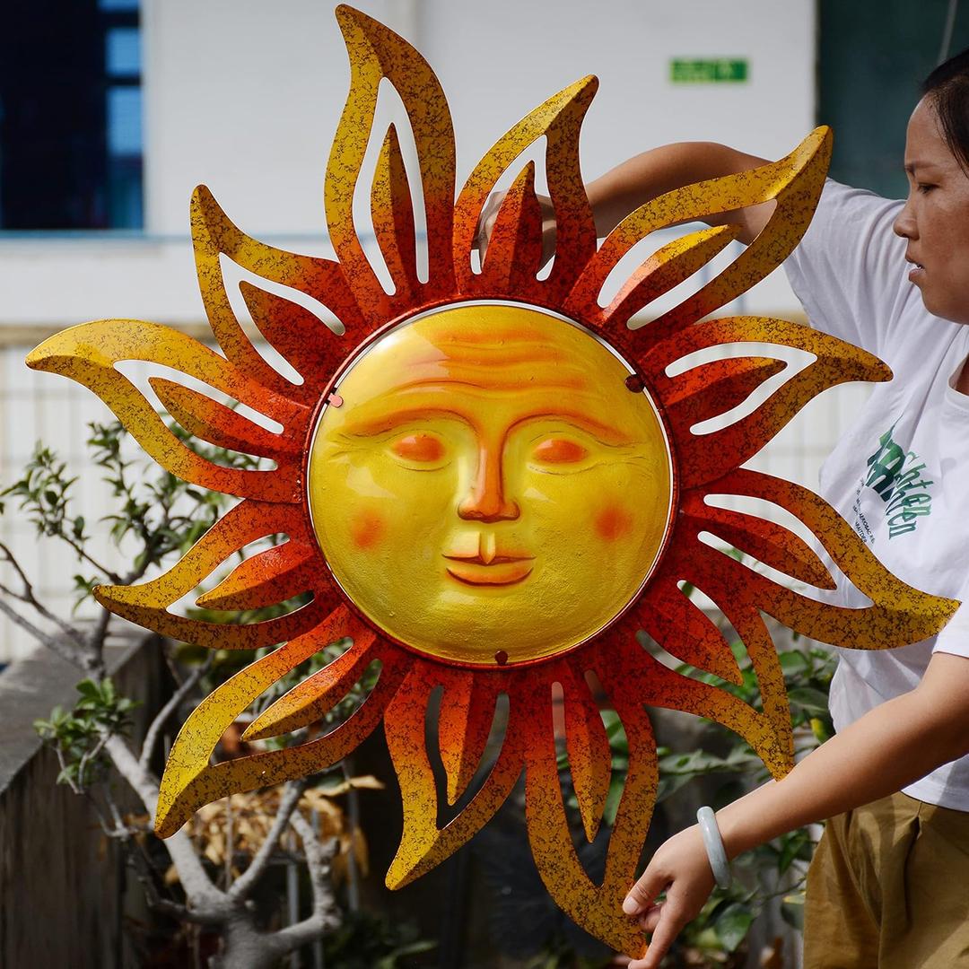 Large Size 32Inch Metal Sun Outdoor Wall Art Decor Large, Hanging for Indoor Outdoor Patio Garden Fence Deck Yard Pool Wall Sculpture Decoration for Living Room Bedroom