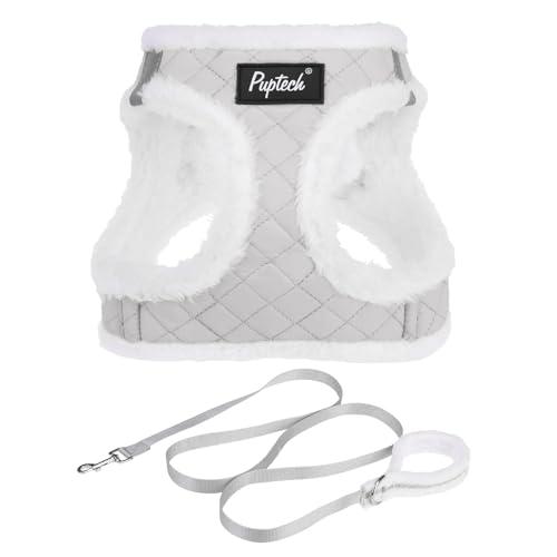 PUPTECK Plush Dog Harness and Leash Set for Small Medium Dogs No Pull Step-in Soft Mesh Puppy Cat Winter Vest Harnesses Reflective at Night Warm, Plush Grey, M