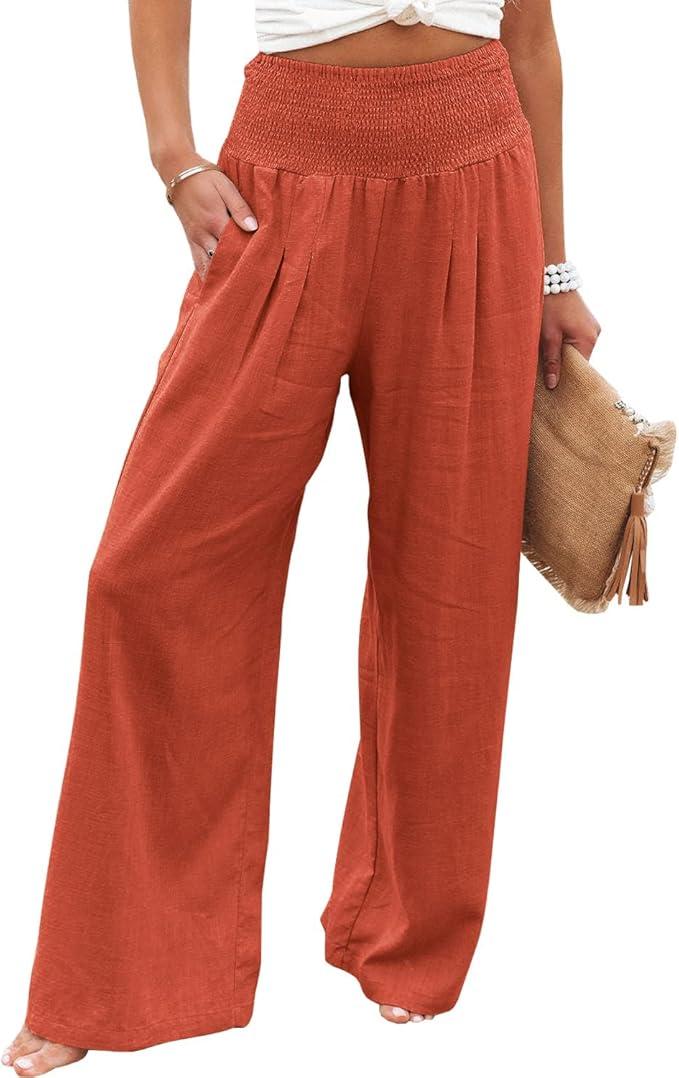 Vansha Women Summer High Waisted Cotton Linen Palazzo Pants Wide Leg Long Lounge Pant Trousers with Pocket (Orange, M)