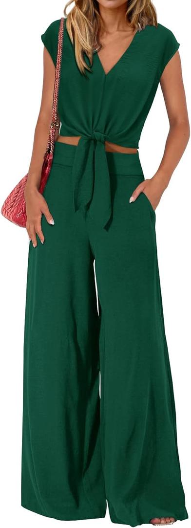 PRETTYGARDEN Women's Summer 2 Piece Outfits 2026 Cap Sleeve V Neck Belted Crop Tops Wide Leg Pant Sets Casual Tracksuit (Large, Solid Dark Green)