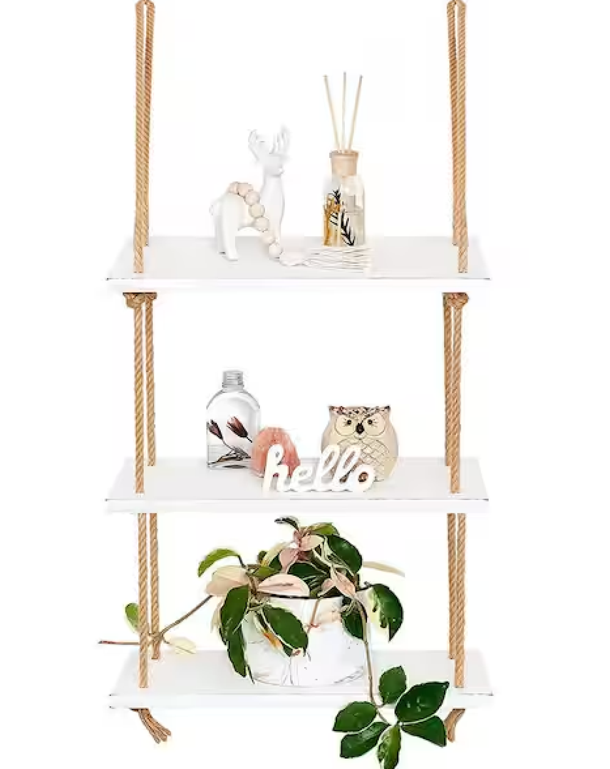 3 Tier Wall Hanging Shelf White - Wood Hanging Shelves for Wall - Floating Shelves for Bedroom Living Room Bathroom Kitchen - Hanging Plant Shelf - Rope Triangle Window Farmhouse Tall Shelf