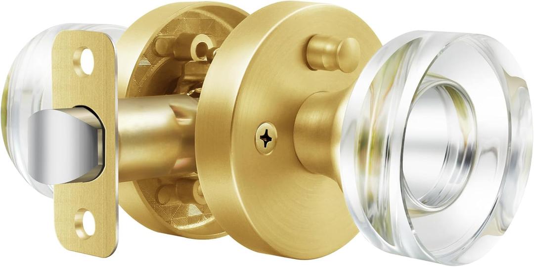 Glass Door Knobs Gold Door Knob Interior Satin Brass Privacy Door Knob for Bedroom and Bathroom Crystal Door Knob (1 Pack Privacy)