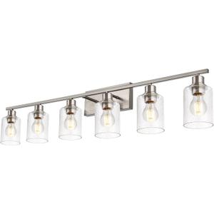 VINLUZ 6 Light Brushed Nickel Wall Lighting with Seeded Glass Shade,Contemporary Bathroom Light Fixture Over Mirror Wall Mounted Lamp for Dressing Table Bedroom