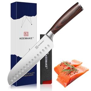 KEEMAKE Chef Santoku Knife - 7 Inch Ultra Sharp Kitchen Knife with Stainless Steel Blade for Cooking Meat Fruit Vegetable with Ergonomic Pakkawood Handle and Gift Box Included