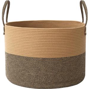 JMvicyroam 65L Extra Large Blanket Basket for Living Room - Woven Cotton Rope Laundry Hamper with Reinforced Handles - Storage Bin for Pillows, Comforters & Toys - Machine Washable,Jute&Black