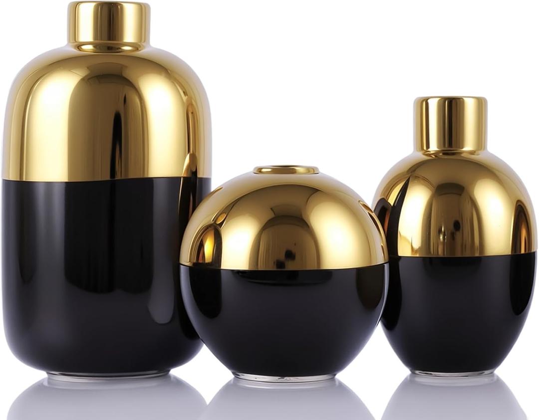 Black & Gold Ceramic Vase Set of 3, Modern Round Circle Electroplated Two-Tone Decorative Vases for Pampas Grass, Dining Table Wedding Centerpiece, Living Room Bedroom Office Bookshelf