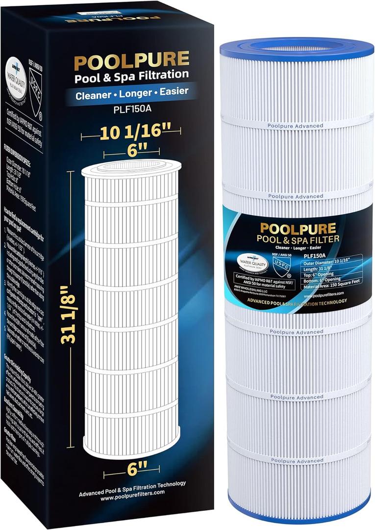POOLPURE CC150 Pool Filter Replaces Pentair CC150, CCRP150, PAP150, Ultral-C4, PP-C4, PP-C4-M, Unicel C-9415, R173216, 59054300, Filbur FC-0687, 160317, 160355, 160352, L x OD: 31 1/8" x10 1/16"