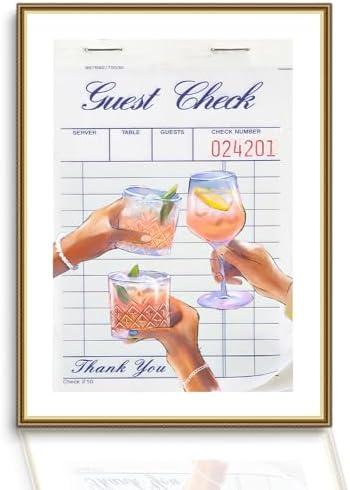 Pack of 2 Guest Check Wall Art Retro Trendy Cocktail Poster Trendy Bar Cart Wall Decor Room Aesthetic Canvas Picture Painting Colorful Champagne Print Happy Hour Pink Girly Preppy Style Unframed Size: 12x16