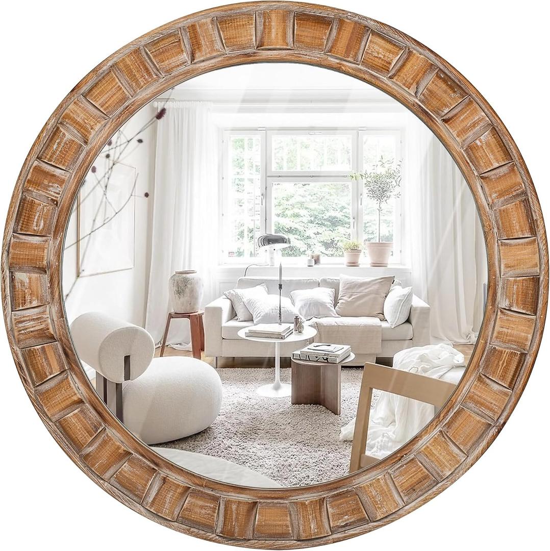 30 Inch Brown Solid Wood Round Wall Mirrors, Decorative Circle Mirror for Bathroom, Bedroom, Living Room, Hallway, Foyer, Entryway