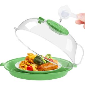 Microwave Splatter Cover Lid for Food 10.2 Inch with Water Steamer, Clear Microwave Splash Guard Cooker Lid with Plate, Dish Bowl Plate Serving Cover Cookware High Transparent Plastic Green