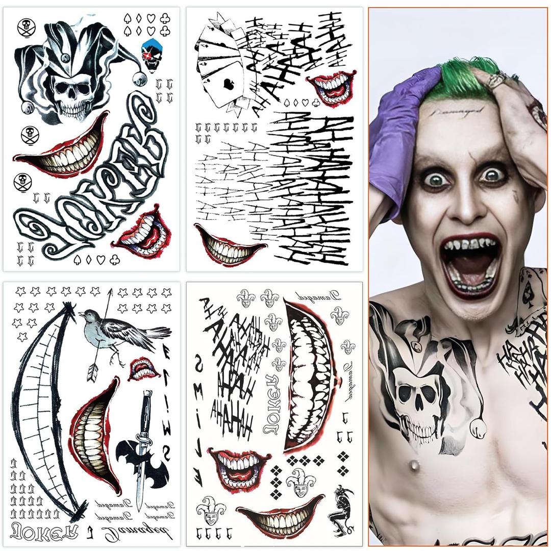Joker Tattoos 4 Sheets,Halloween Temporary Tattoos for Men,Suicide Squad Fake Tattoo Stickers For Adults,Clown Costume Masquerade Cosplay Party Accessories Face Makeup,Large Size Waterproof