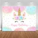 Mocsicka Unicorn Birthday Decorations Backdrop for Girls Party 5x3ft Pastel Rainbow Glitter Stars Dots Happy Birthday Banner Photo Booth Props