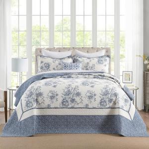 CozyStitch Floral Bedspread 120"x120" Oversized King Bedspread, 100% Cotton California King Quilt with 2 Pillow Shams, Lightweight Farmhouse Quilted Bedspreads Coverlet Set, White/Blue, 3 Pcs