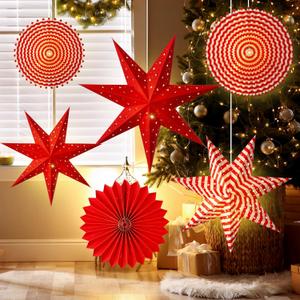 WILLBOND 6 Pcs Christmas Paper Star Lantern with String Light Red and White Hanging Ornament 3D Christmas Star Fans Circle Cover Lantern Hollow Lampshade for Xmas Home Party Decor