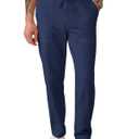 Runcati Mens Casual Linen Pants Drawstring Elastic Waist Trousers Lightweight Loose Fit Beach Pants Navy (L)