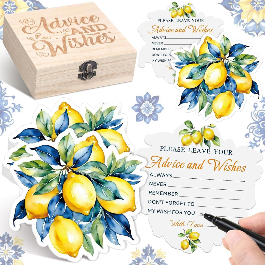 50 Pcs Lemon Advice & Wishes Cards for the Mr & Mrs Amalfi Coast Party Decorations Lemon Bridal Shower Party Favors with Wooden Keepsake Box for Wedding Amalfi Coast Mediterranean