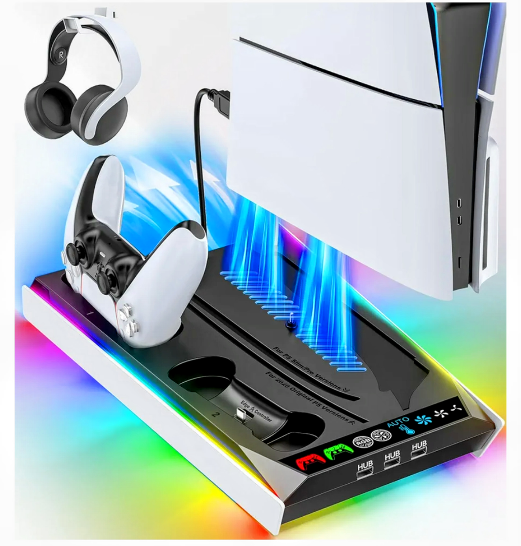 PS5/Slim/Pro Stand for Disc & Digital Console, PS5 Cooling & Charging Station with RGB Lights, PS5 Controller Charger Built-in 3 Level & AUTO Adjustable Fan, PS5/Slim/Pro Accessories Comes 3 USB Ports