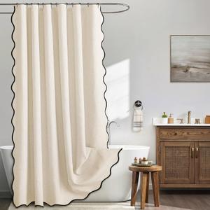 MIULEE Ivory Scalloped Shower Curtain Linen Textured with 12 Metal Hooks Cute Heavy Duty Washable Waterproof Thick Cloth Shower Curtains with Black Border for Bathroom Hotel Bathtub,W72*L72