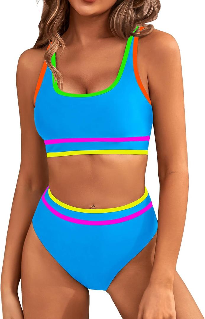 BMJL Women's High Waisted Bikini Sets Sporty Two Piece Swimsuits Color Block Cheeky High Cut Bathing Suits (M)