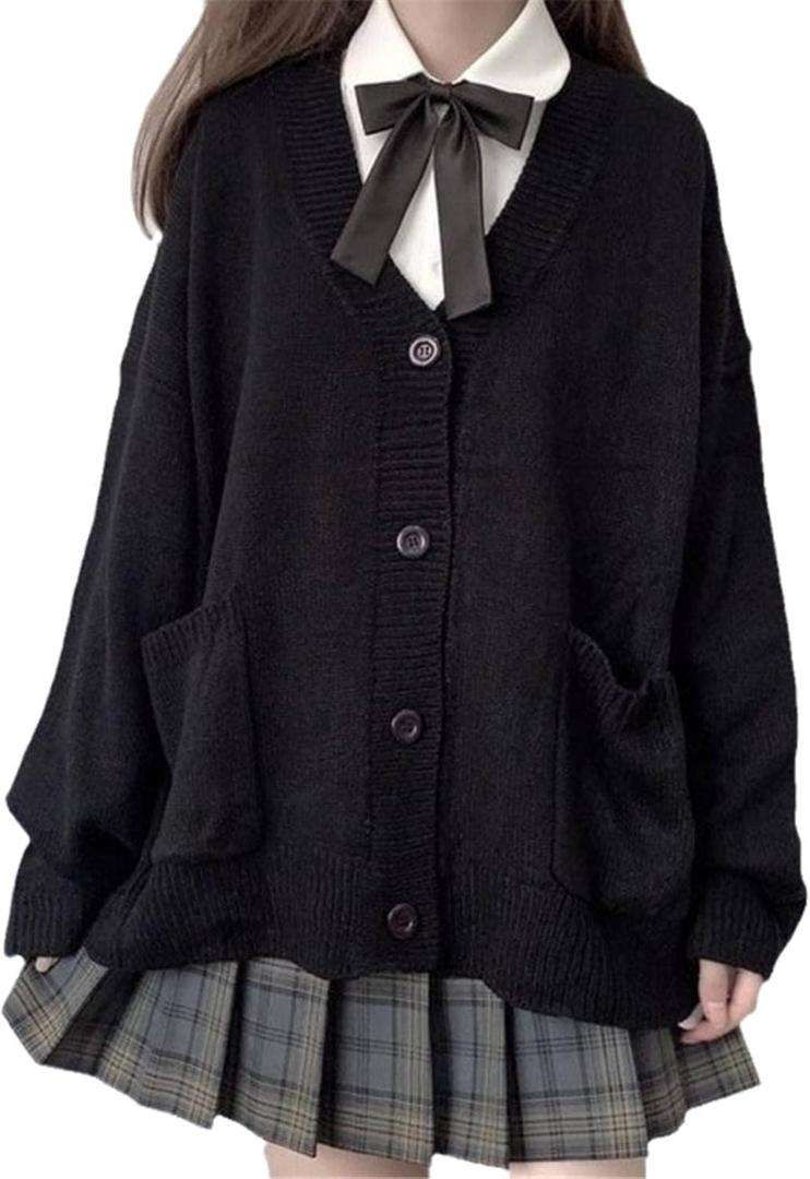 Womens Japanese Cute Kawaii Knitted Cardigan Sweater Cosplay Long Sleeve Button Down JK School Uniform Jacket (Small, Black)