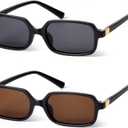 VIA LEECA Retro Rectangular Sunglasses for Women Small Vintage Fashion Cute Narrow 90s Trendy Sunnies 2025 (Black Frame Grey + Brown Lens)