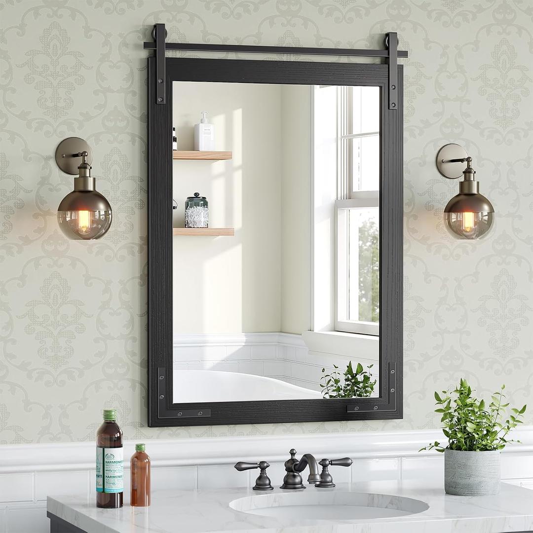 Brightify Farmhouse Bathroom Wall Mirror 22"x30" Black Rustic Wall Mirror with Solid Fir Wood Frame, Barn Door Style Mirror for Bathroom Over Sink, Entryway, Living Room, Bedroom, Easy Hanging