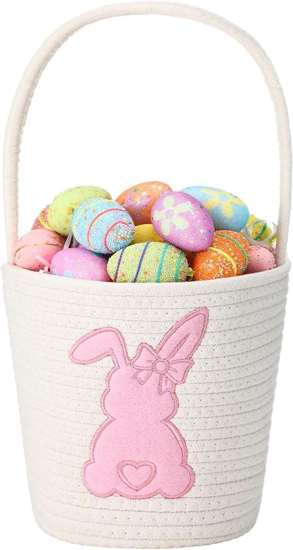 FoldTier Cute Easter Basket with Handle Empty Bunny Basket Large Woven Cotton Rope Gifts Buckets for Egg Hunts Baby's First Easter Baskets Gifts (Pink) 7.87×15.75