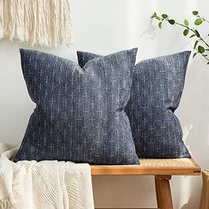 MIULEE Pack of 2 Decorative Burlap Linen Outdoor Throw Pillow Covers Modern Farmhouse Vintage Pillowcase Rustic Woven Textured Cushion Cover for Sofa Couch Bed 18x18 Inch Blue