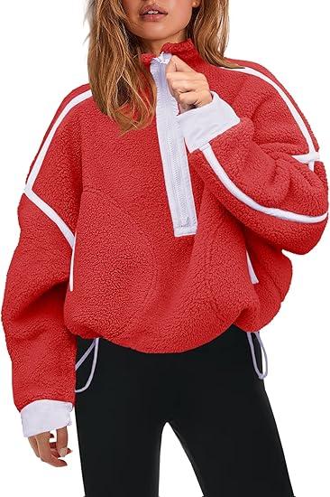 Panadila Womens Half Zip Sherpa Fleece Pullover Soft Oversized Sweatshirt with Pockets Warm Fuzzy Sweater (Large, Red)