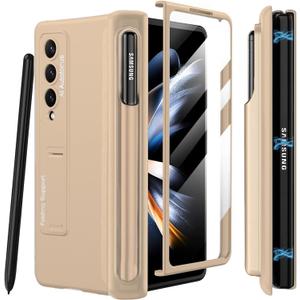 Miimall for Samsung Galaxy Z Fold 4 Case with Pen Holder, Built-in Screen Protector & Adjustable Kickstand & All-Inclusive Magnetic Protective Case for Galaxy Z Fold 4 5G (Champagne Gold)