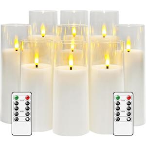 kakoya Flickering Flameless Candles Battery Operated with Remote and 2/4/6/8 H Timer Acrylic Led Pillar Candles Pack of 9 (appr D2.3"xH5.5"6.5"7.5")with Realistic 3D Wick Candles for Home Decor(White)