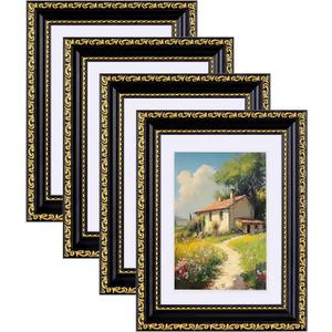 Eletecpro 5x7 Picture Frames Set of 4, Gothic Frames with Glass Cover, 5 x 7 Vintage Photo Frame Displays 4x6 Photo with Mat or 5x7 without Mat for Tabletop or Wall Decor, Black Gold
