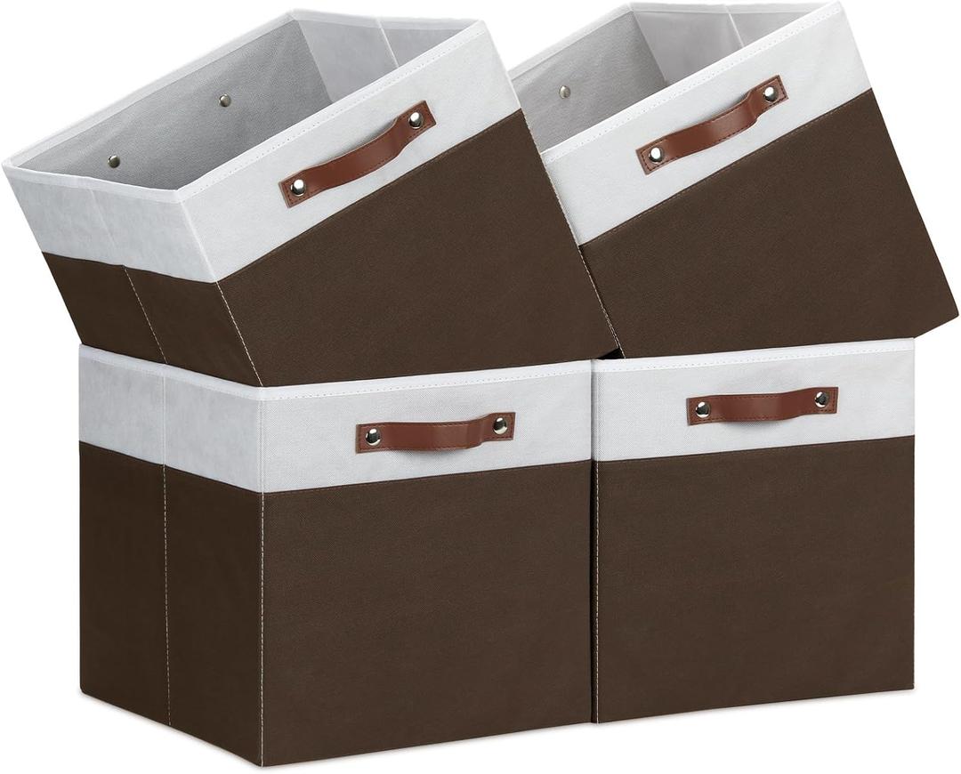 Temary Foldable Cube Baskets 4Pack - Shelf Storage Bins with Handles, Fabric Storage Organizer for Clothes, Home (White&Brown, 13x15x13 Inch)