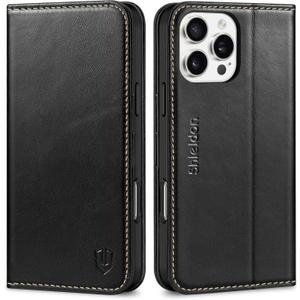 SHIELDON Wallet Case for iPhone 16 Pro Max 5G 2024, Genuine Leather RFID Blocking Credit Card Case Flip Magnetic Full Protection Kickstand Cover Compatible with iPhone 16 Pro Max 6.9" - Retro Black