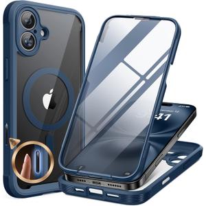 Miracase Magnetic for iPhone 16 Plus Case Full-Body Phone with Built-in Glass Screen Protector, [Compatible with MagSafe] Military Drop Proof 16 Plus Cover Bumper, Storm Blue