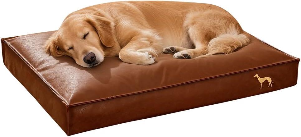 Orthopedic Dog Bed for Medium Large Dogs, PU Leather Waterproof Chew-Resistant Wipeable, 4" Dual-Layer Support, Non-Slip, Removable Washable Cover, 35.4"27.6"4" Brown