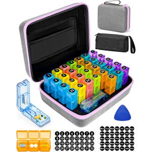 Monthly Pill Organizer 3 Times a Day with Weekly Pill Bags, Portable Hard Shell Case, Pill Cutter & Opener Pick, Monthly and Weekly Stickers for Medication Management (Purple, 3 Times a Day)