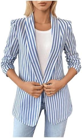 Floerns Women's Striped 3/4 Sleeve Blazer Jacket Collared Neck Business Casual Suit Jacket, L