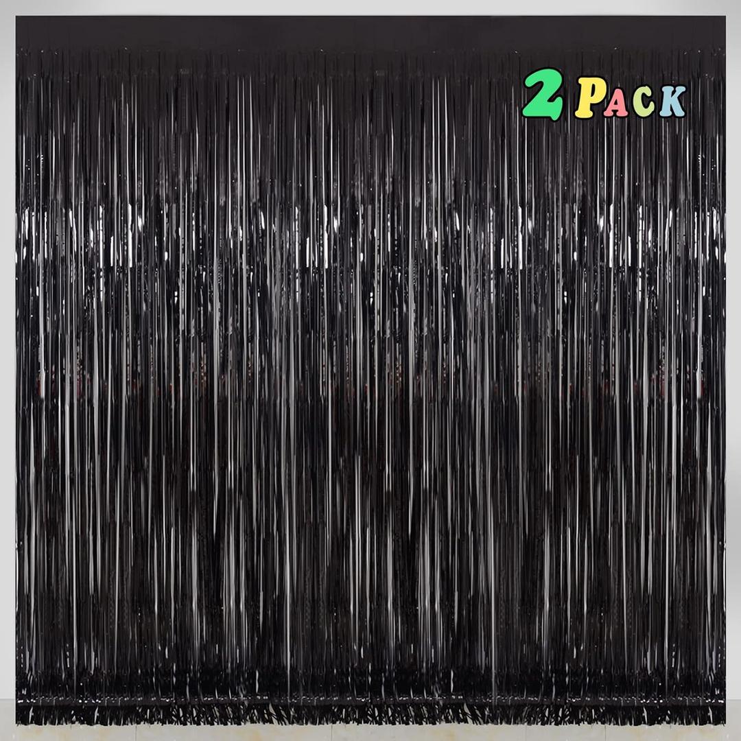 Black Tinsel Fringe Backdrop Curtains for Parties, Melsan 3.2 x 8 ft Black Streamer Photo Backdrop for Birthday, Graduations, New Year Eve Party Decor - Pack of 2
