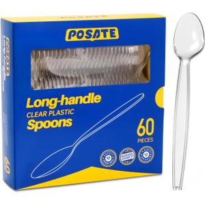 POSATE 7.1" Plastic Spoons (60 Count), Heavy Duty Clear Disposable Spoons